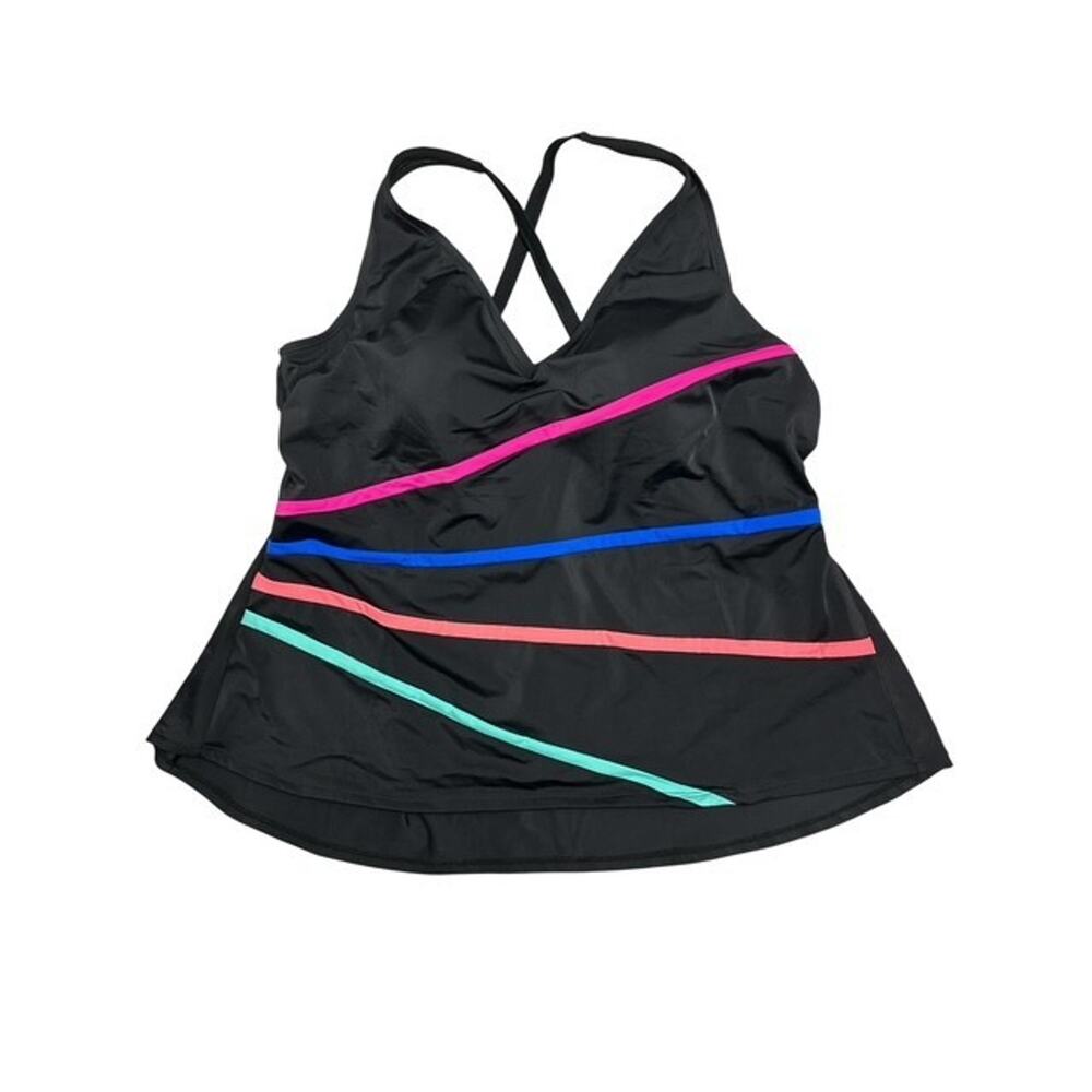 Sonnet Shores Tankini Swim Top 22W Black Pink Stripe Soft Cups Adjustable Straps